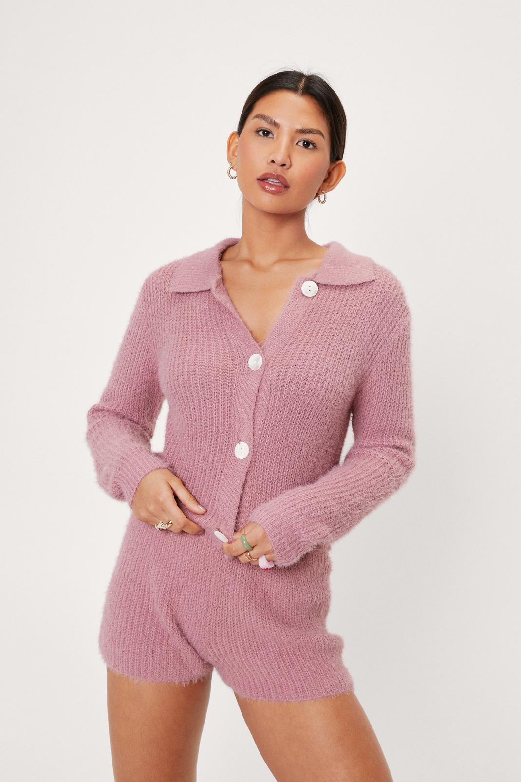 Mauve Fluffy Knit Button Down Top and Shorts Lounge Set image number 1