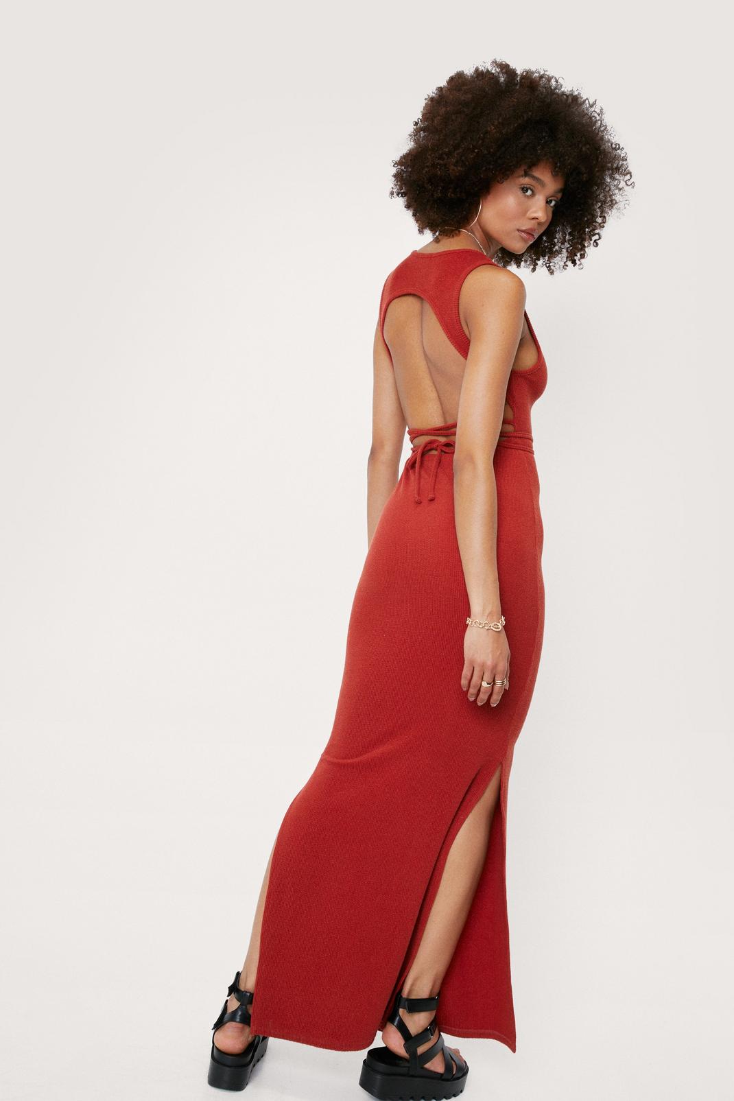Terracotta Scoop Neck Backless Tie Maxi Dress image number 1