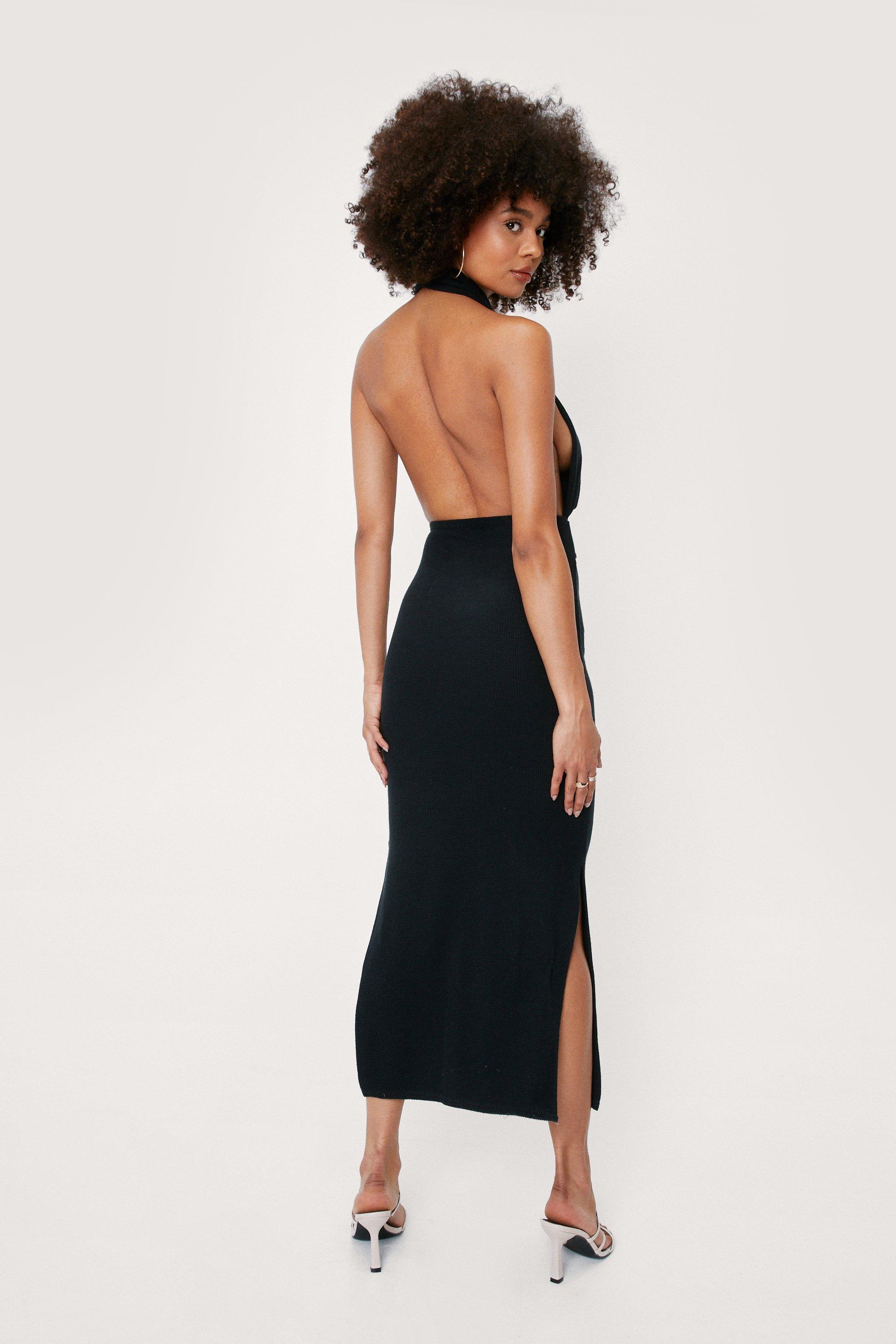 Halter Open Back Split Hem Midi Dress ...