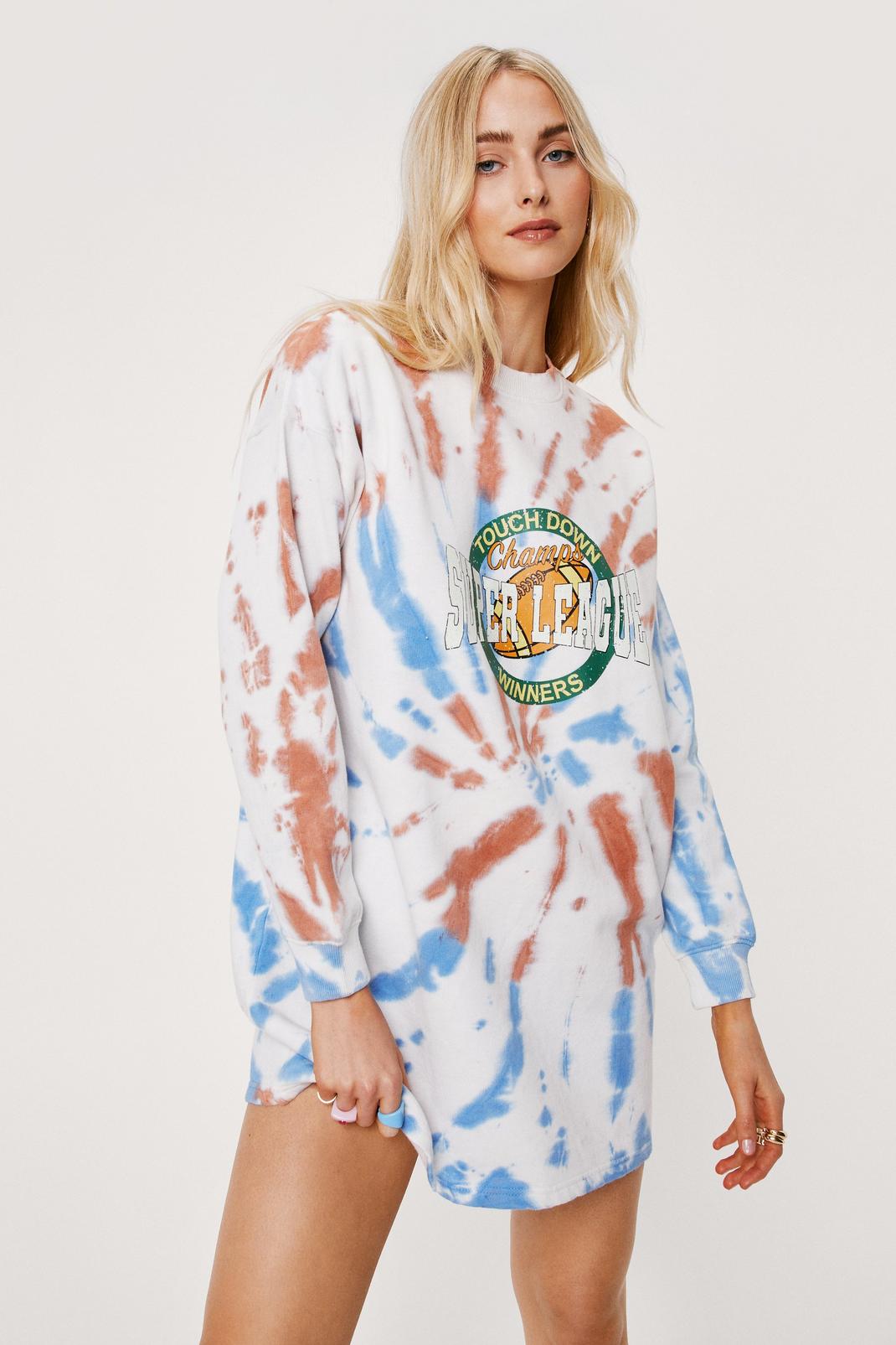 White Super League Graphic Tie Dye Sweater Dress image number 1