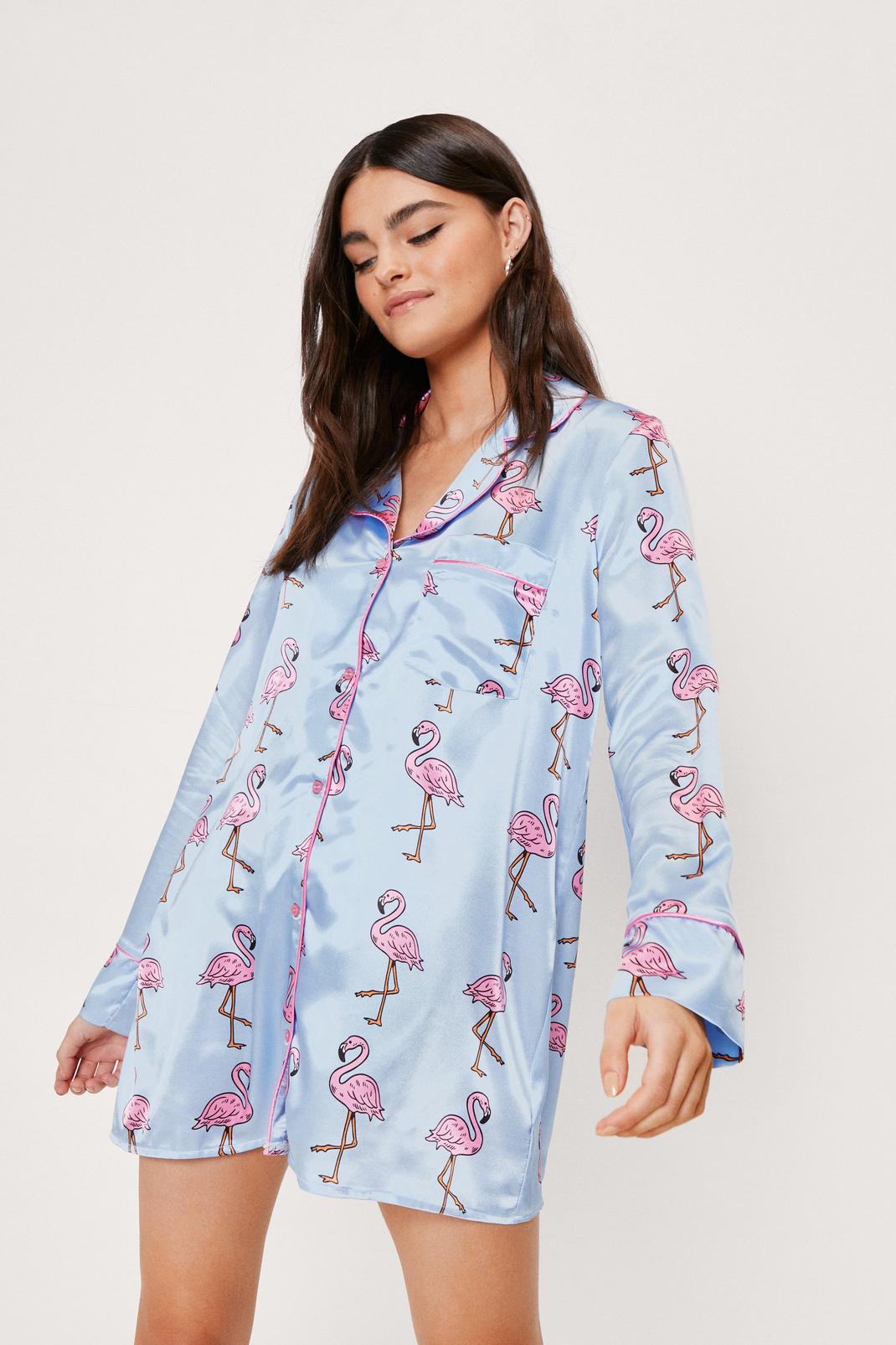 Blue Satin Flamingo Print Long Sleeve Night Dress image number 1