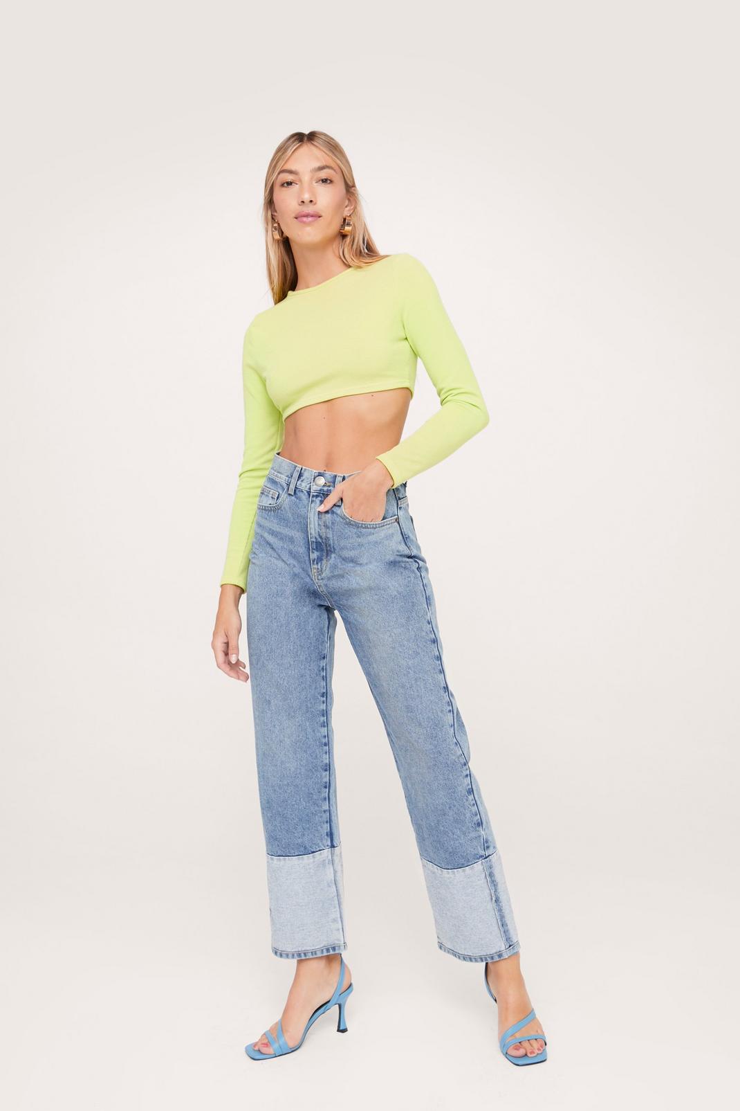 Lime Ribbed Long Sleeve Crop Top image number 1