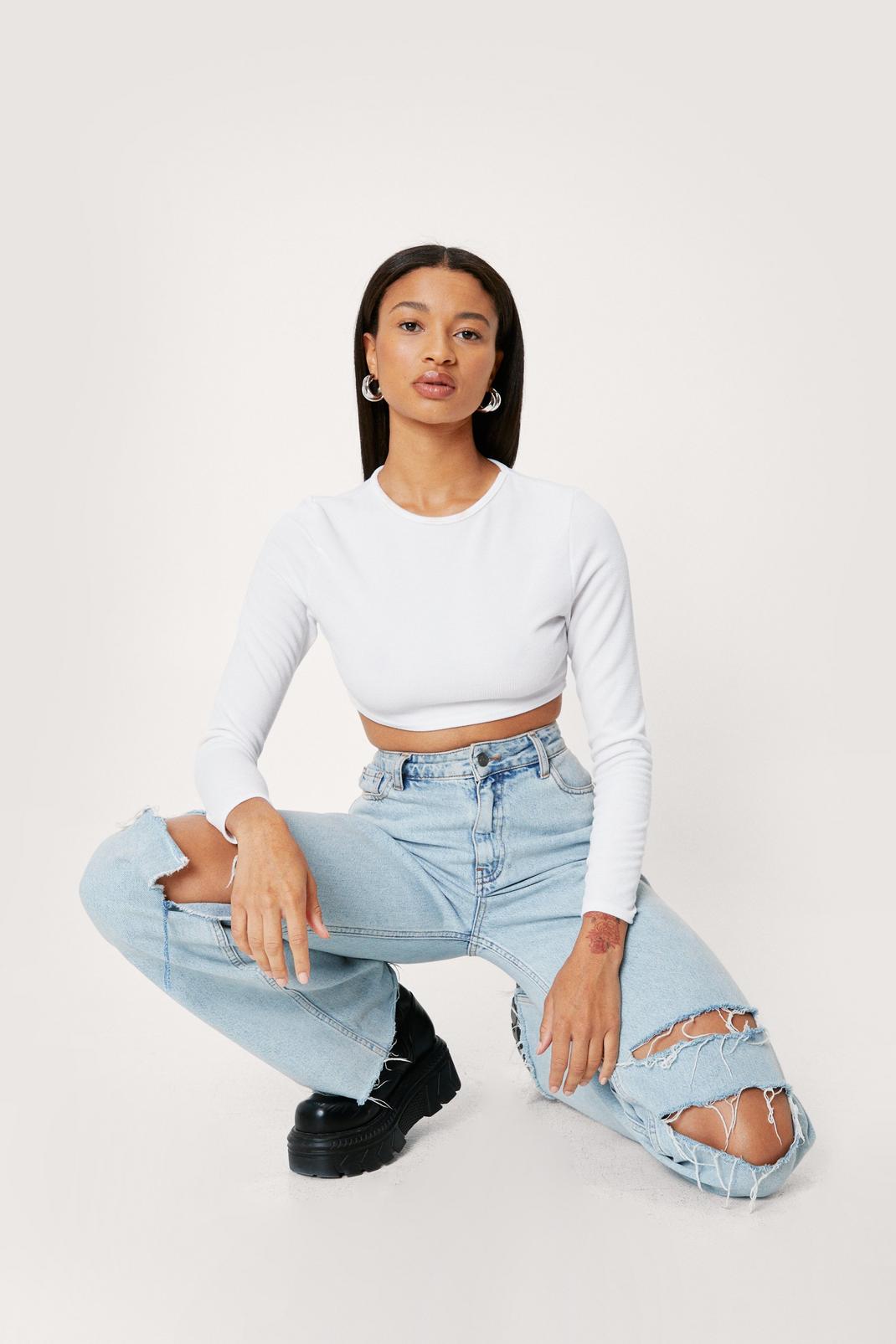 White Ribbed Long Sleeve Crop Top image number 1