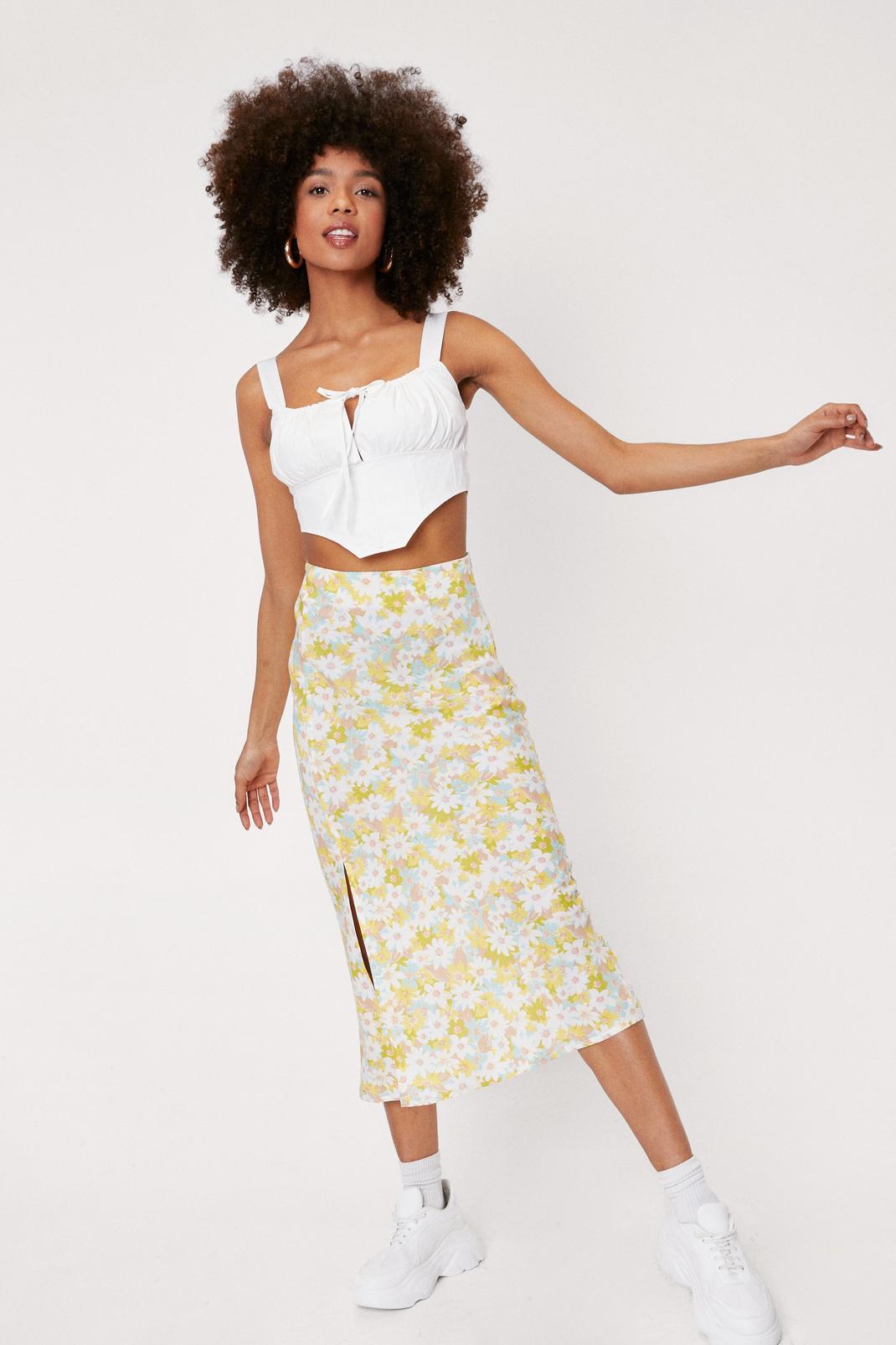 Yellow High Waisted Floral Split Hem Midi Skirt image number 1