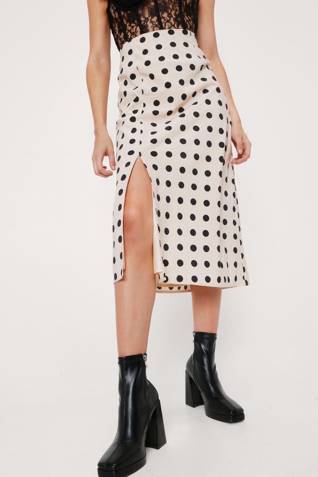 Beige Polka Dot Split Front High Waisted Midi Skirt image number 1