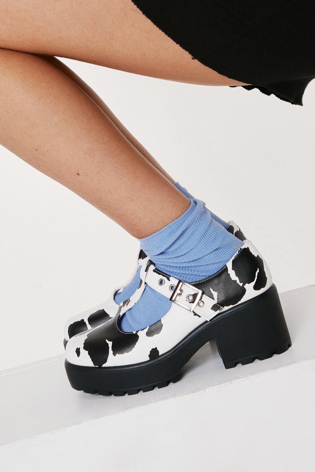 Off white Cow Print Chunky T-Bar Mary Janes image number 1