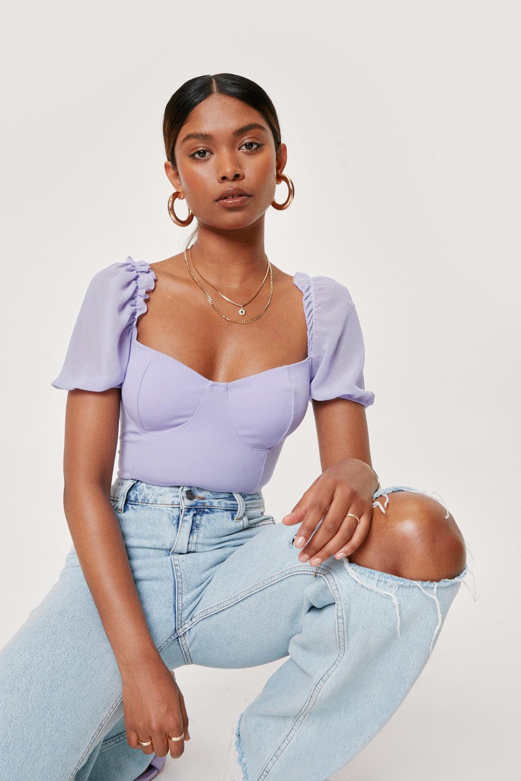 Lilac Short Sleeve Square Neck Ruffle Crop Top image number 1