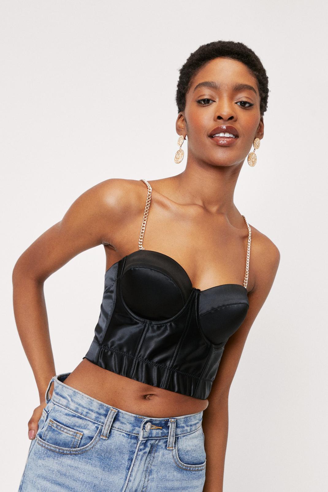 Crop top style corset à armatures et bretelles chaîne, Black image number 1