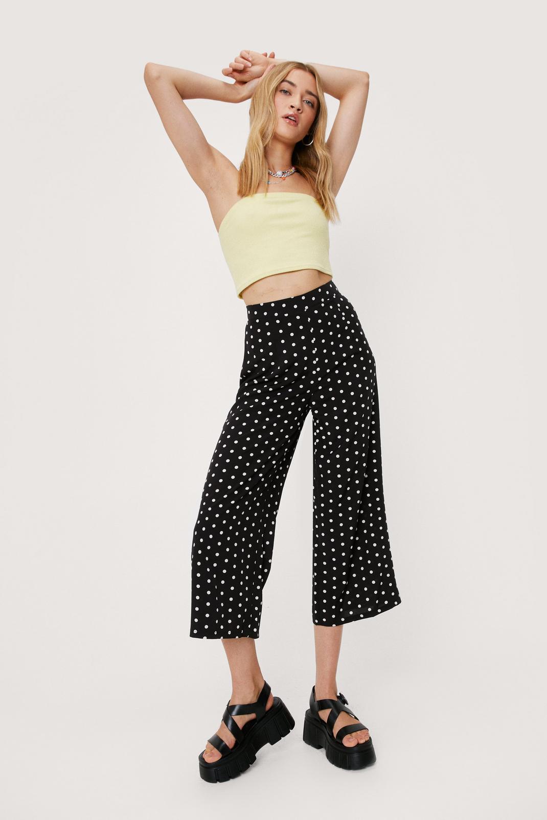 Black Spotty Print High Waisted Culotte Pants image number 1