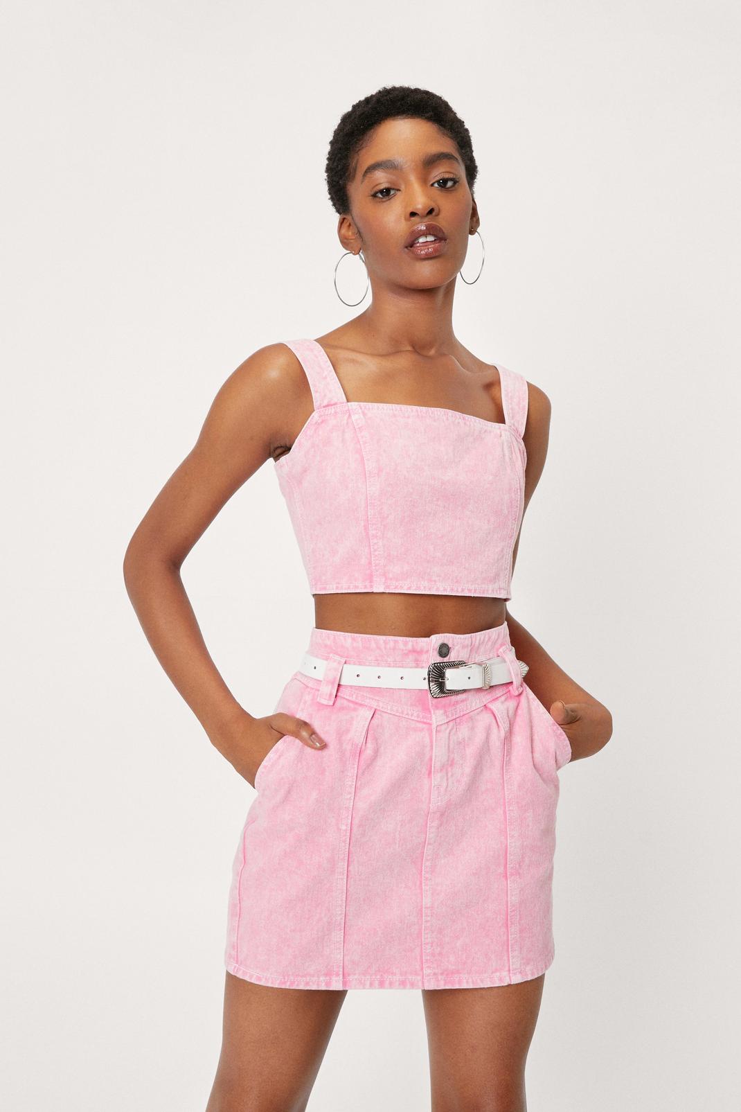 Hot pink Acid Wash Denim Mini Skirt image number 1