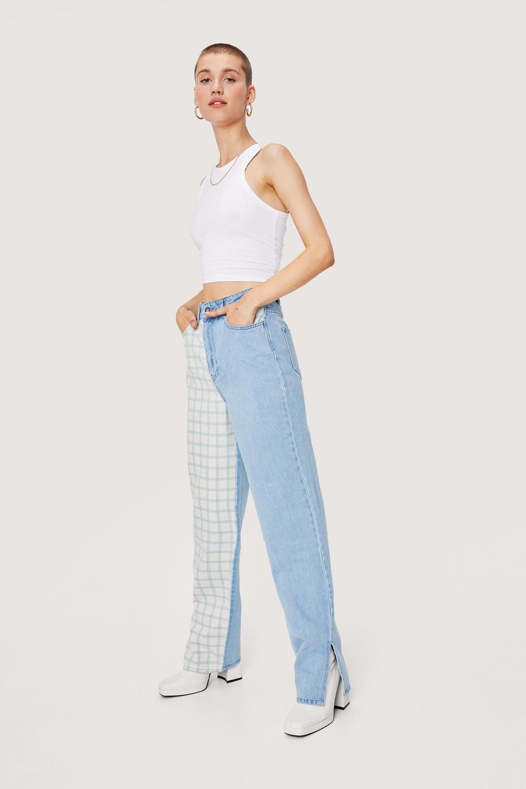 Sage Contrasting Check Print Straight Leg Jeans image number 1