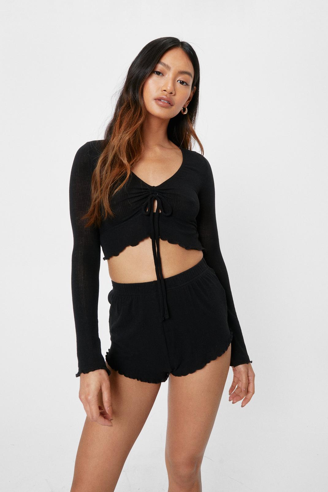Black Jersey Cropped Tie Top and Shorts Pajama Set image number 1