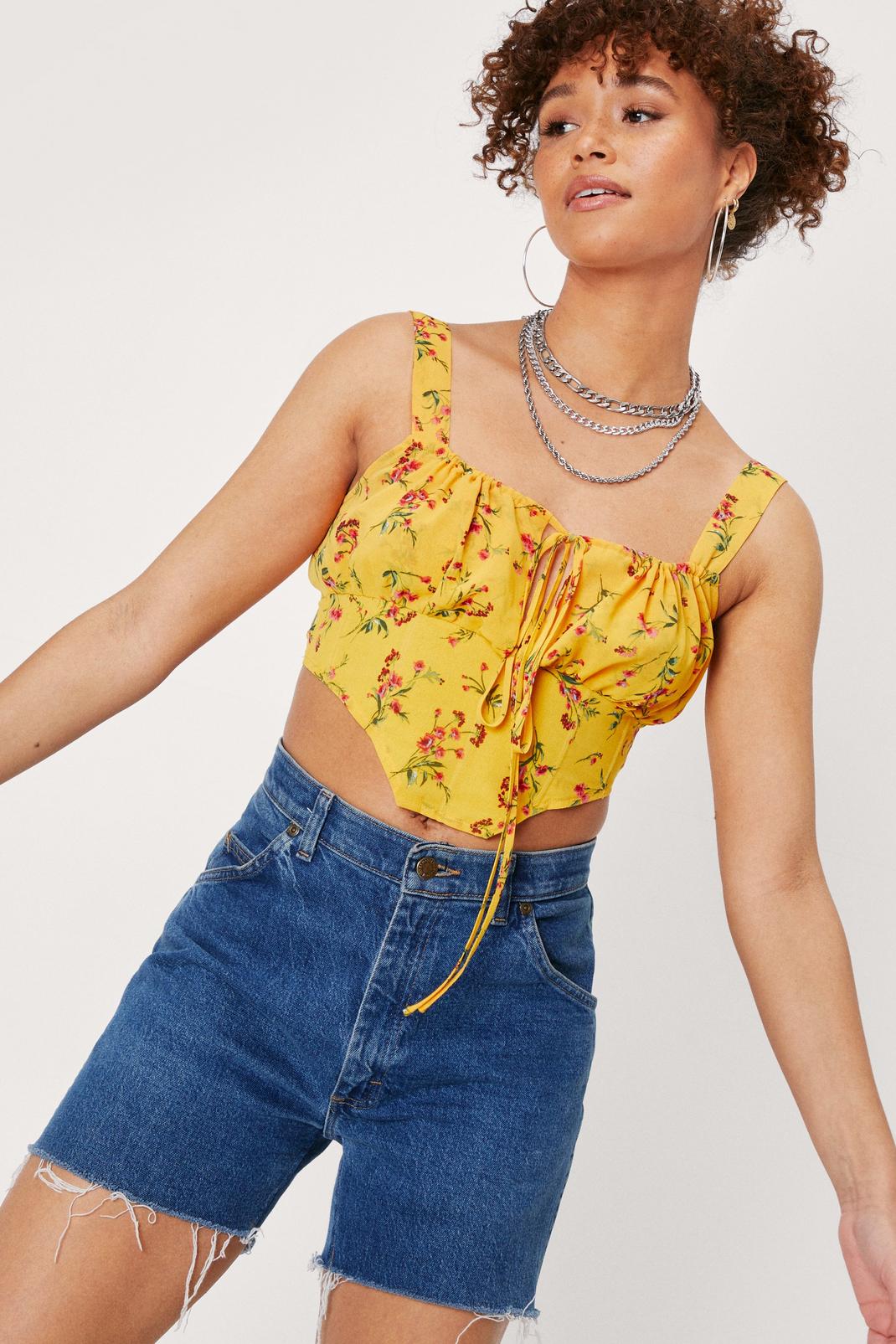 Yellow Ruched Floral Woven Corset Top image number 1