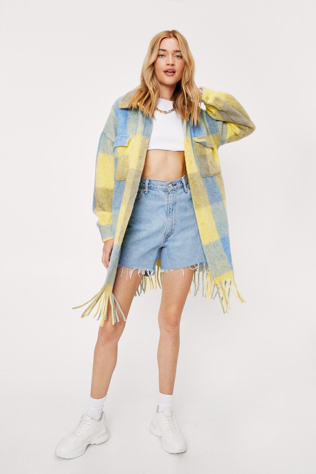 Yellow Wool Look Check Fringed Shirt Jacket image number 1