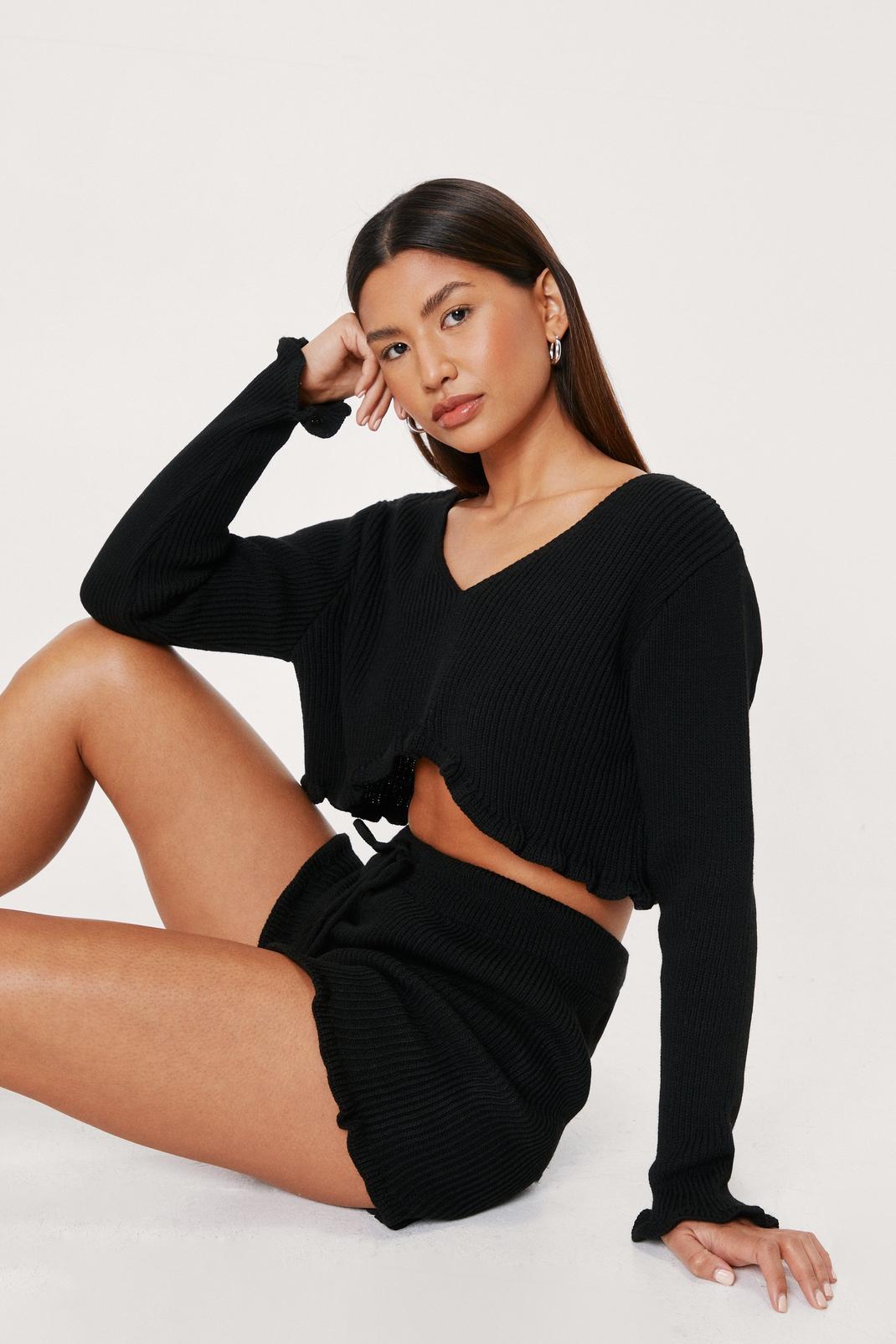 Black Knitted Ruffle Detail Jumper and Shorts Set image number 1