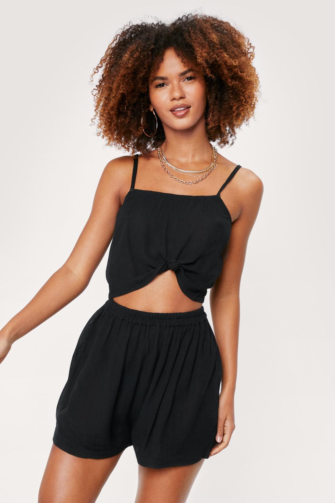 Black Crinkle Crop Top and Shorts Beach Cover Up Set image number 1