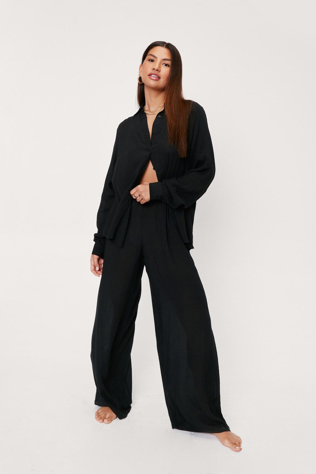 Black Shirt and Wide Leg Trousers Beach Cover Up Set image number 1