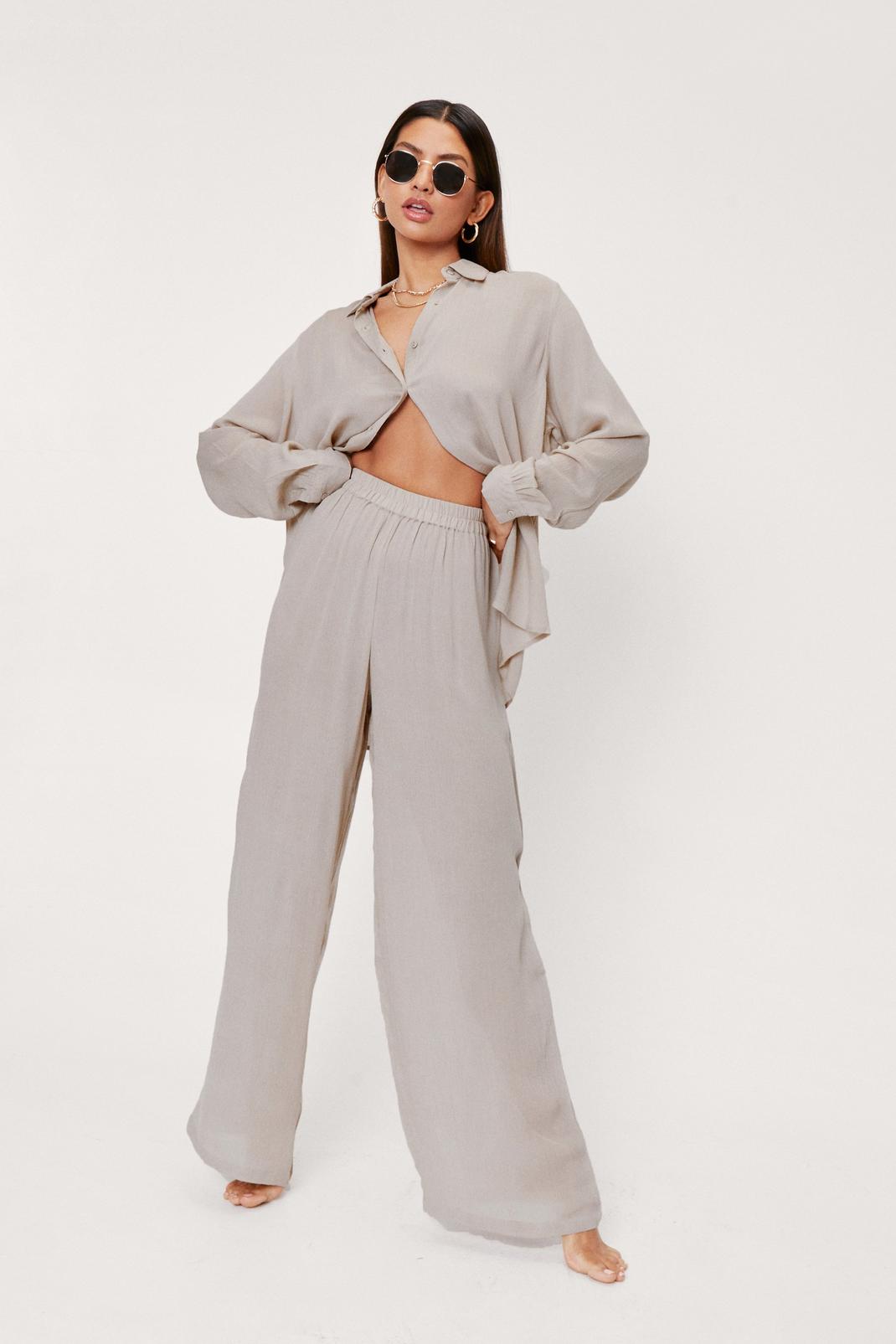 Stone Shirt and Wide Leg Trousers Beach Cover Up Set image number 1