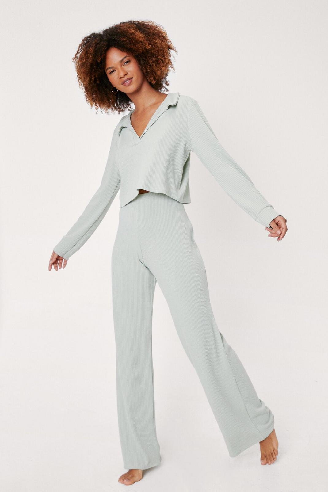 Sage Ribbed Top and Wide Leg Trousers Lounge Set image number 1