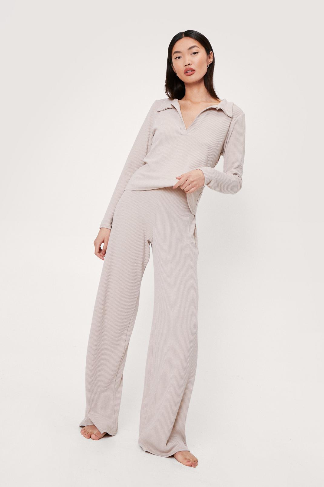 Stone Ribbed Top and Wide Leg Pants Lounge Set image number 1