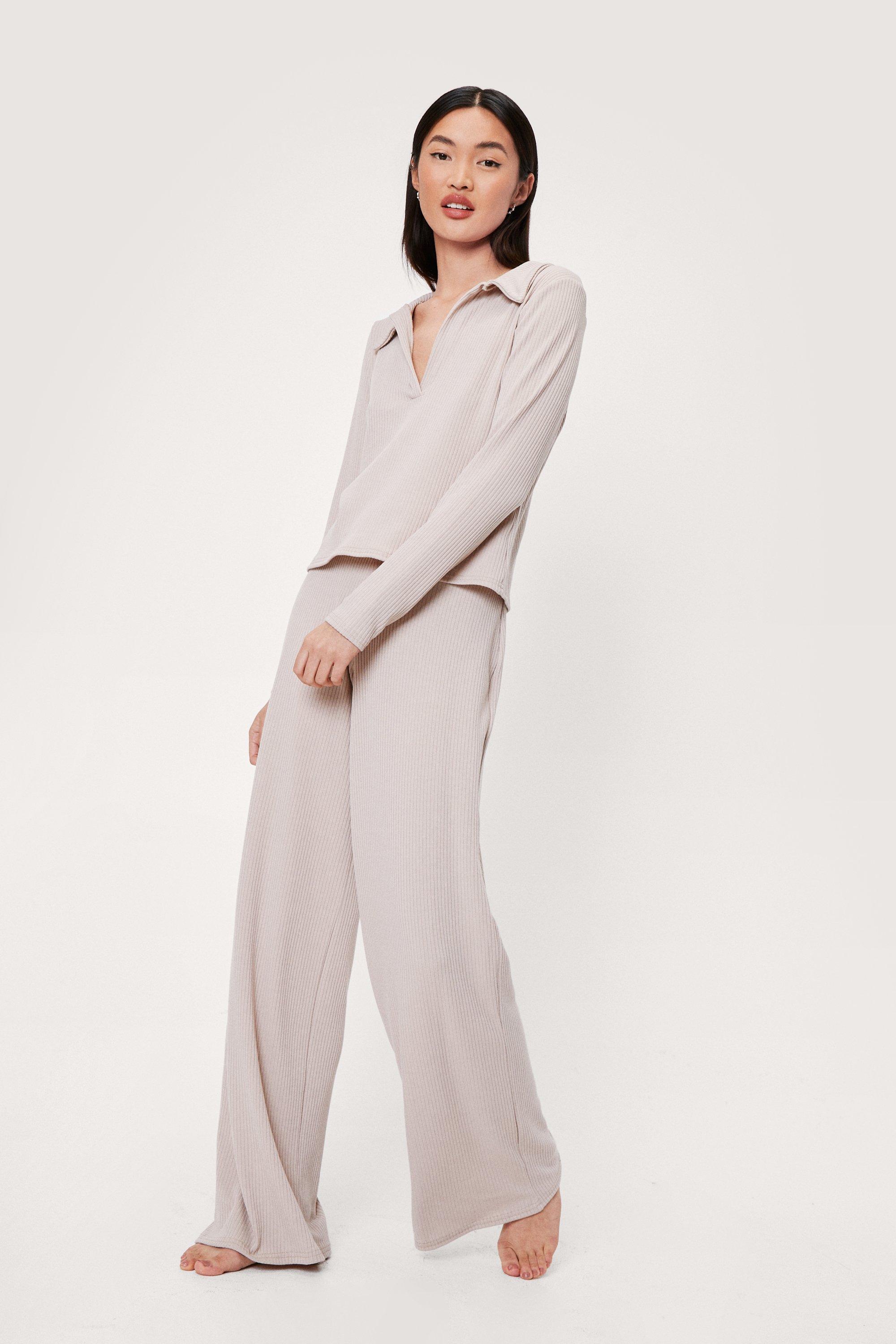 Ribbed Top and Wide Leg Pants Lounge Set