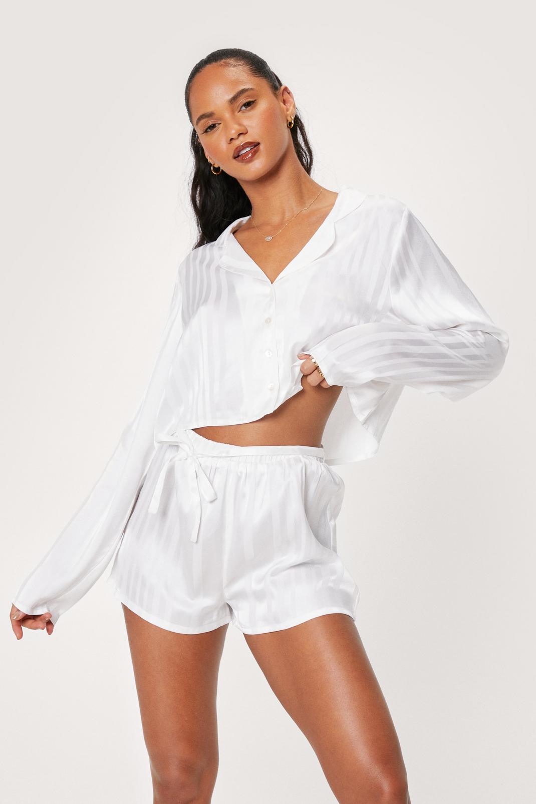 White Stripe Jacquard Cropped Shirt and Shorts Pyjama Set image number 1
