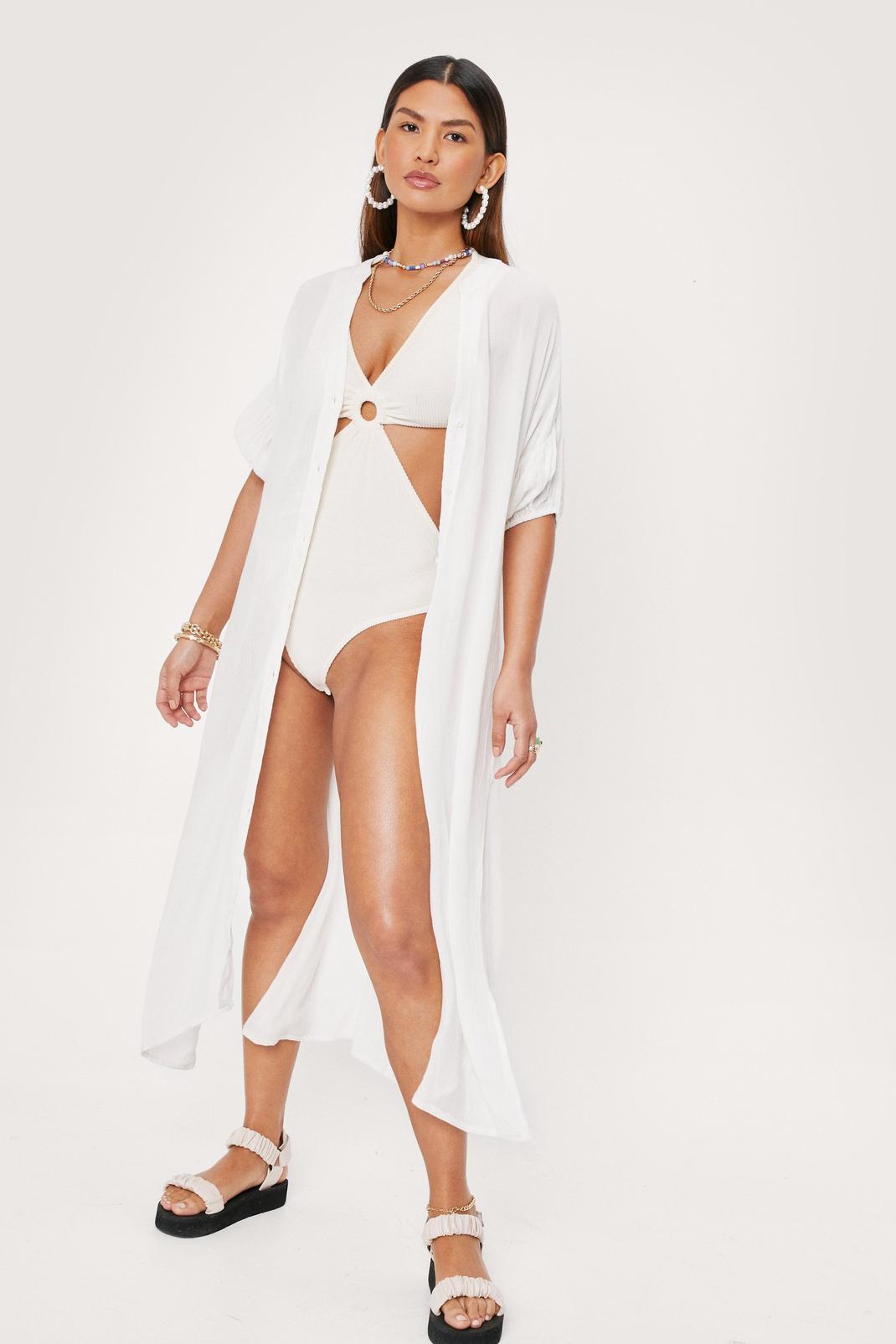 Cream Crinkle Puff Sleeve Midi Beach Cover Up Dress image number 1