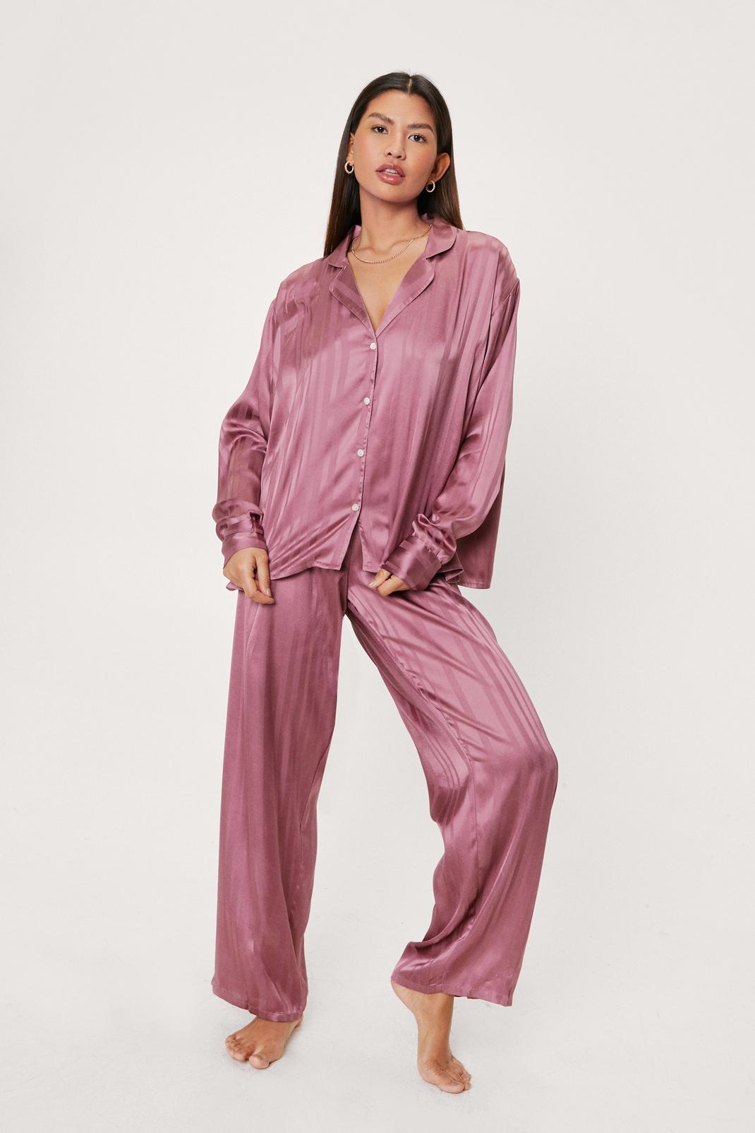 Mauve Stripe Jacquard Cropped Shirt and Pants Pajama Set image number 1