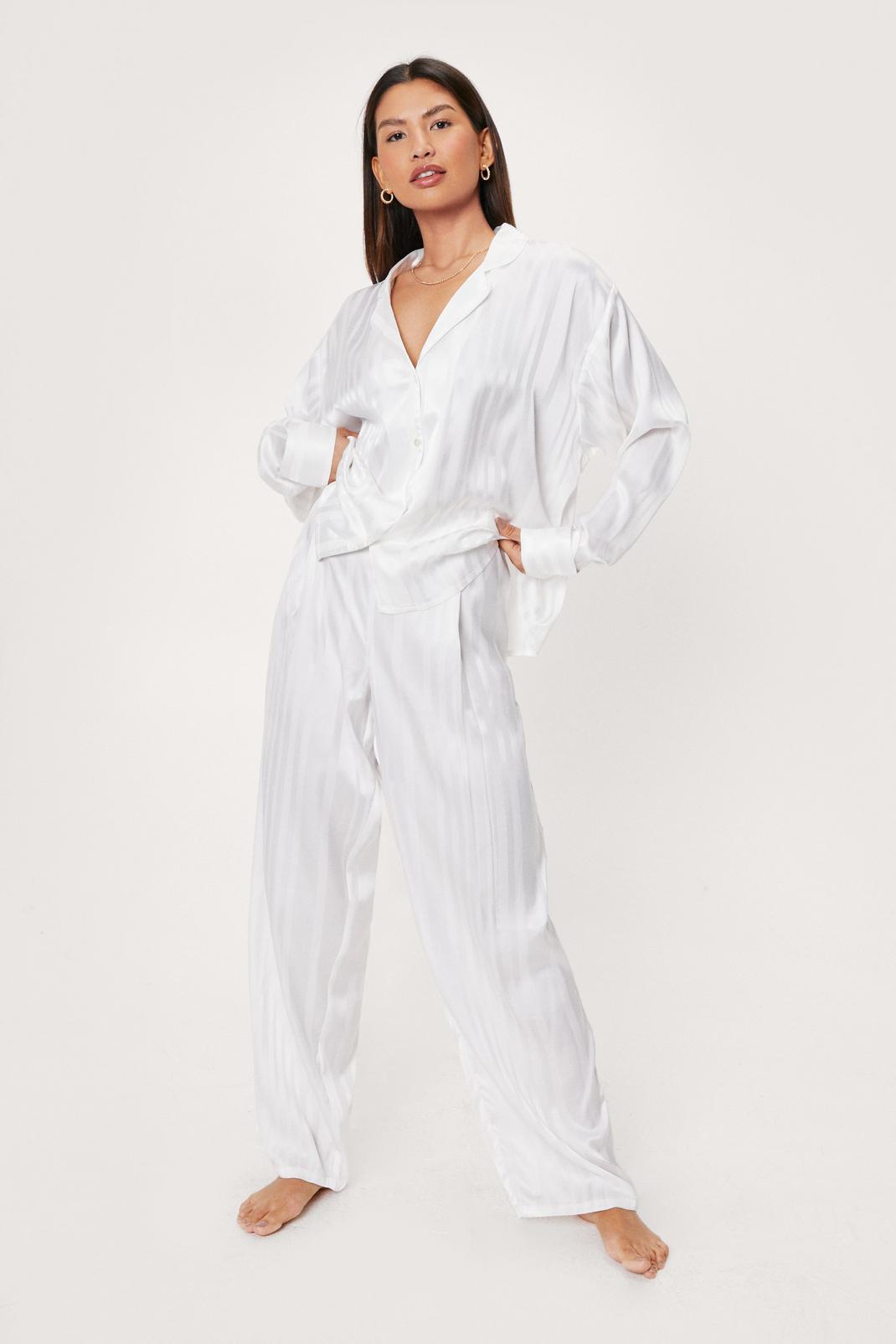 White Stripe Jacquard Cropped Shirt and Pants Pajama Set image number 1