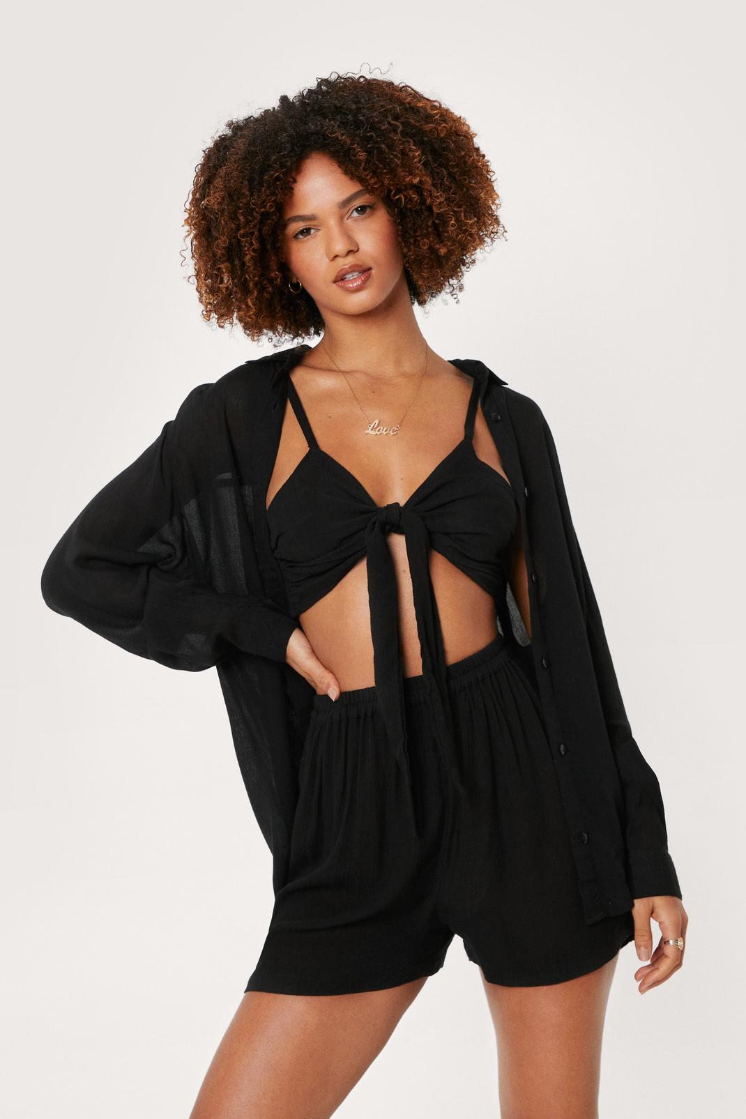 Black 3 Pc Beach Cover Up Shirt and Shorts Set image number 1
