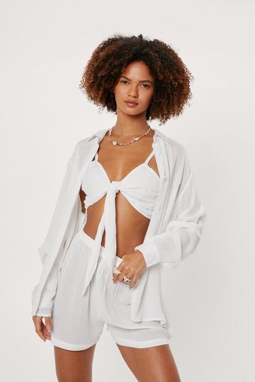 Cream White Bralette Shirt and Shorts 3pc Beach Cover Up Set