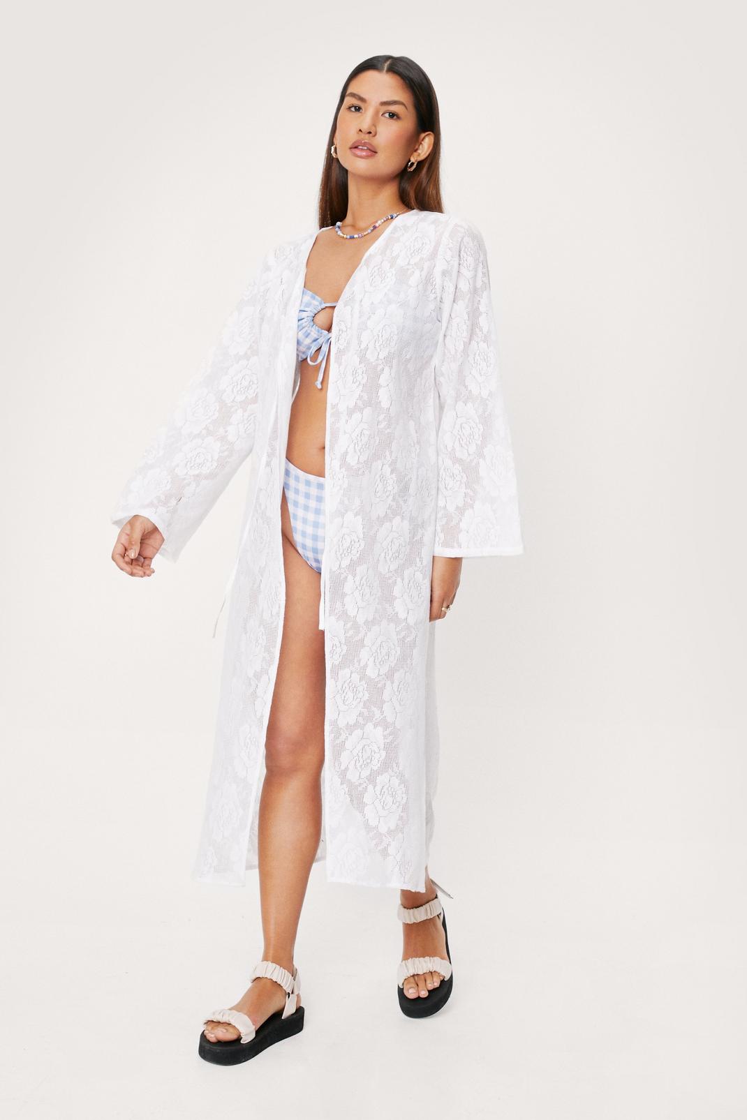 White Lace Tie Front Maxi Cover Up Beach Kimono image number 1