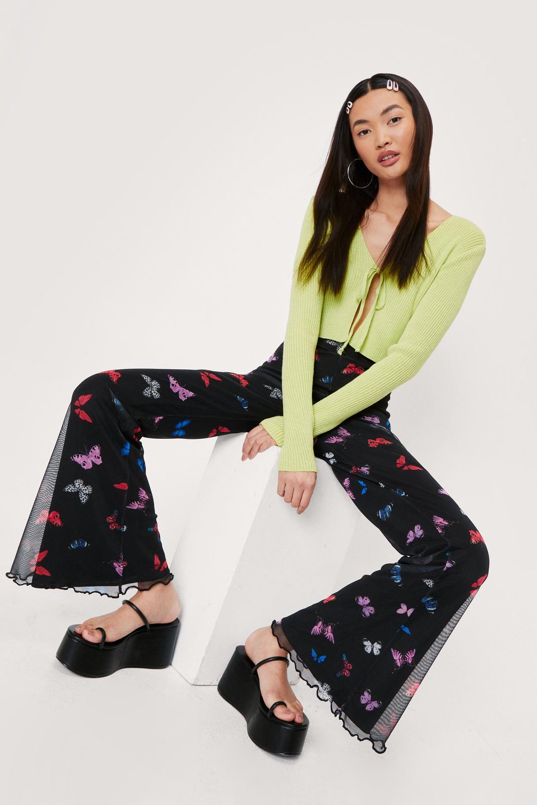 Multi Mesh Butterfly Print High Waisted Flare Pants image number 1