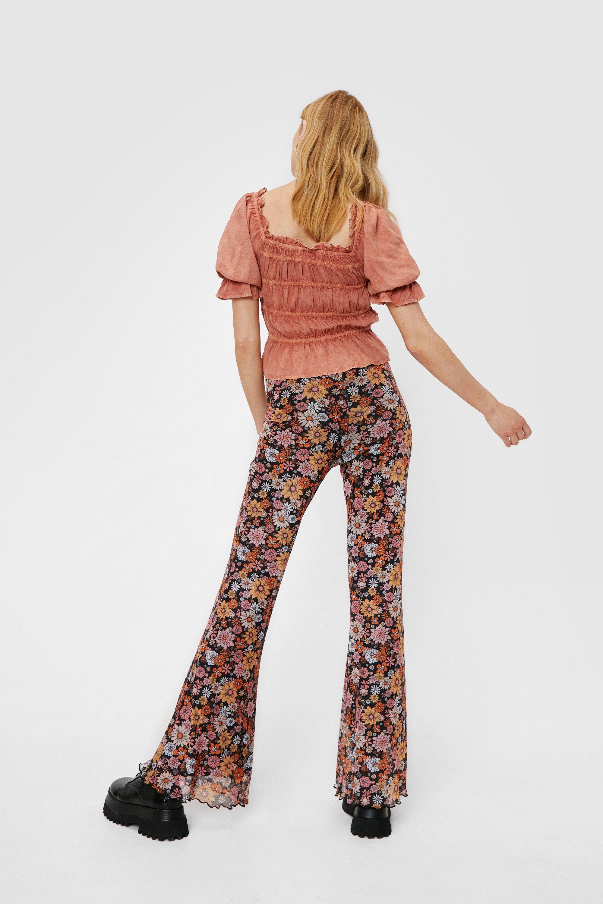 Floral Print Mesh Flared Pants