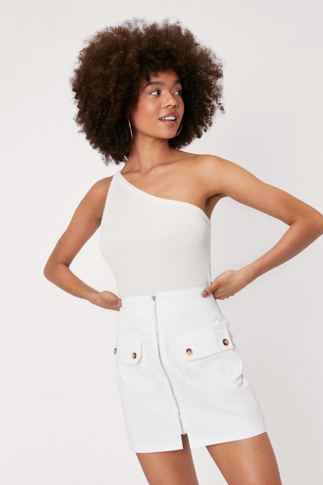 White High Waisted Zip Flap Top Pocket Mini Skirt image number 1