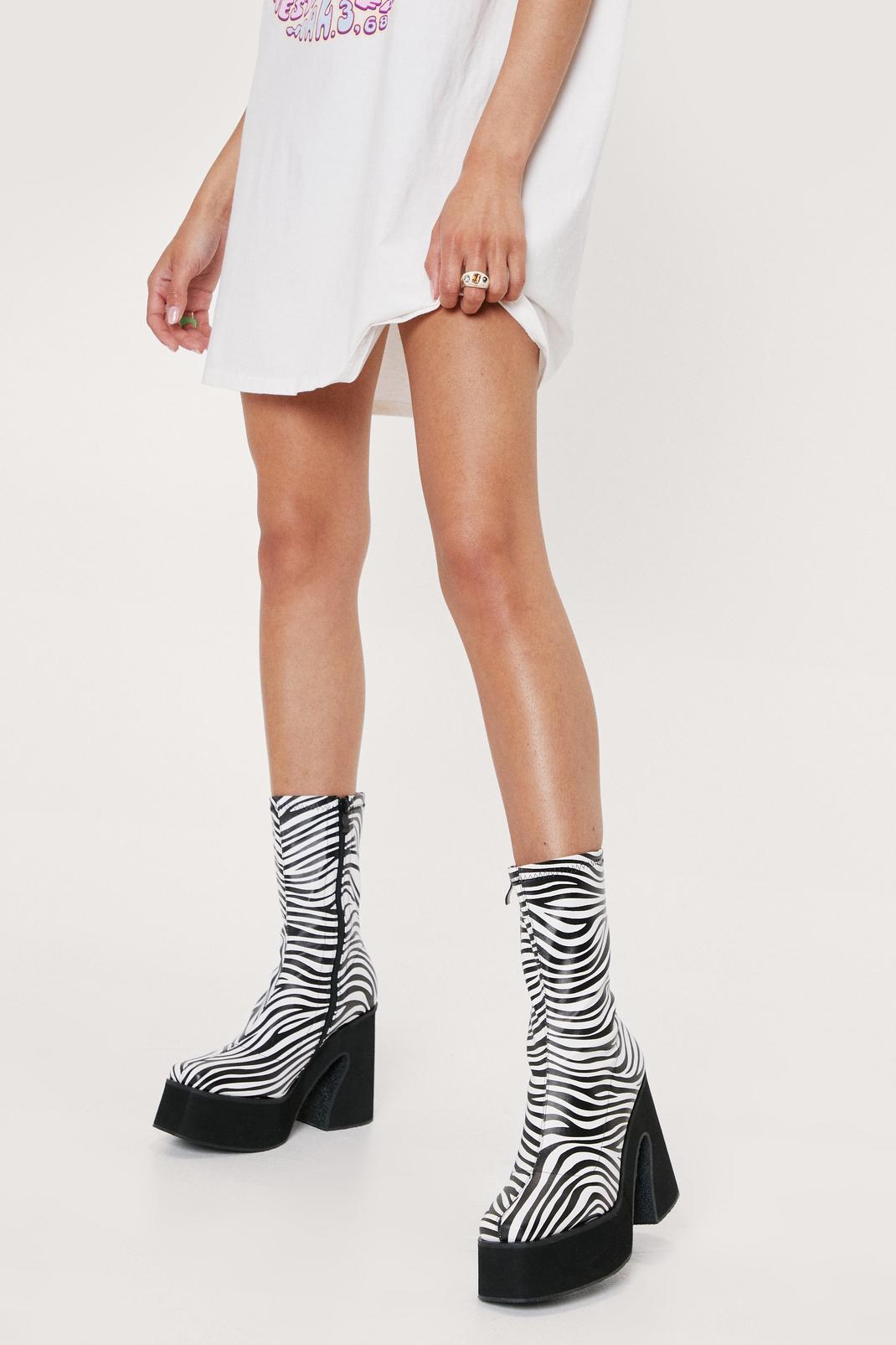 Black Zebra Print Platform Sock Boots image number 1