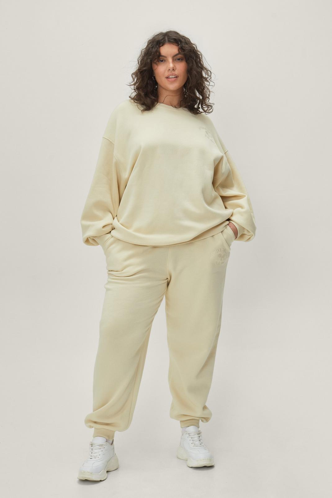 Ecru Plus Size Active Society Embroidered Sweatpants image number 1