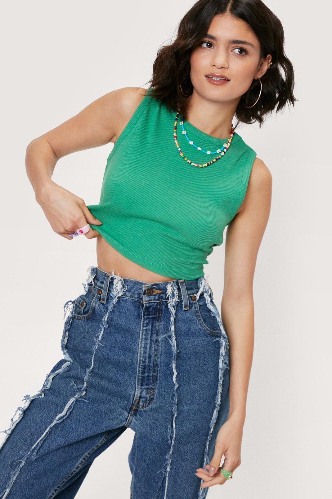 Leaf green Ribbed Fitted Crew Neck Cropped Vest Top image number 1
