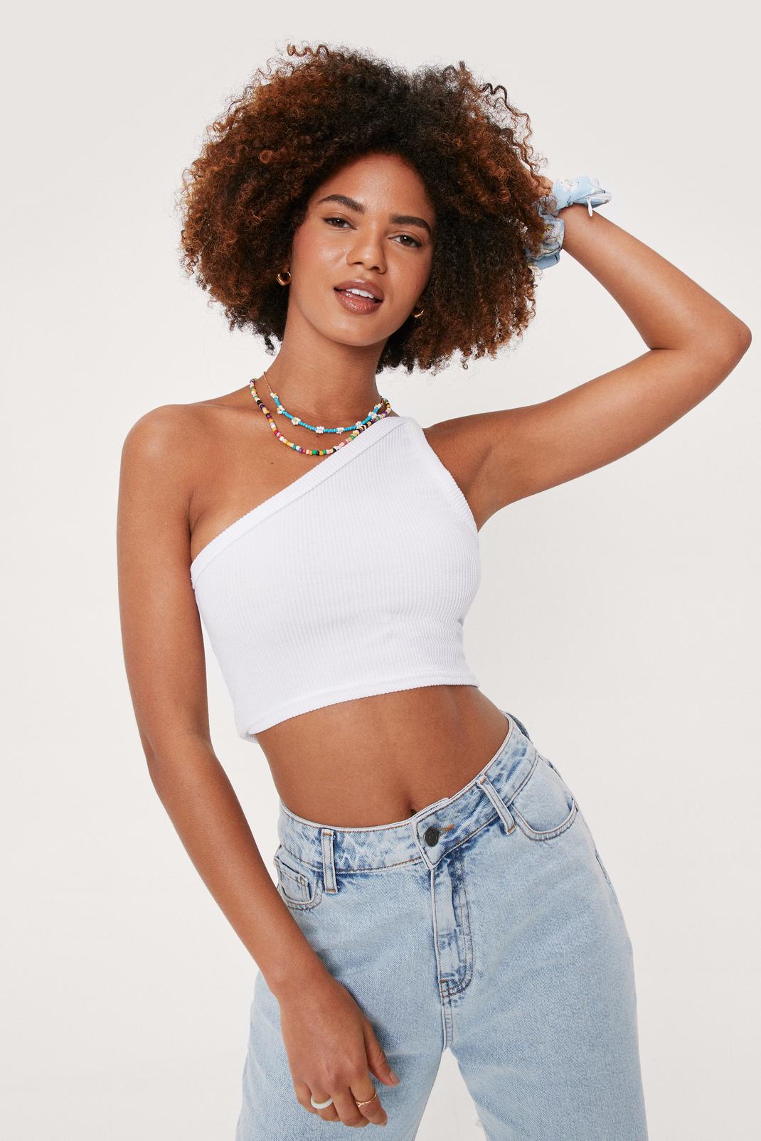 White Ribbed One Shoulder Sleeveless Crop Top image number 1
