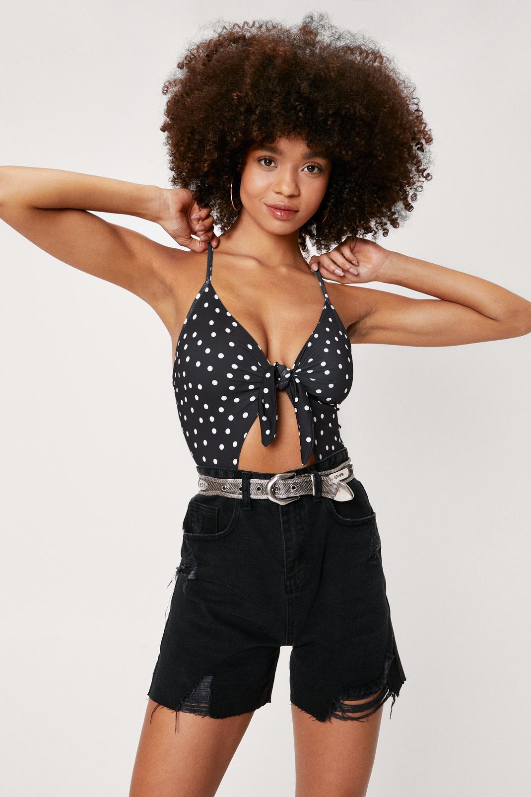 Black Spotty Slinky Cut Out Tie Front Bodysuit image number 1