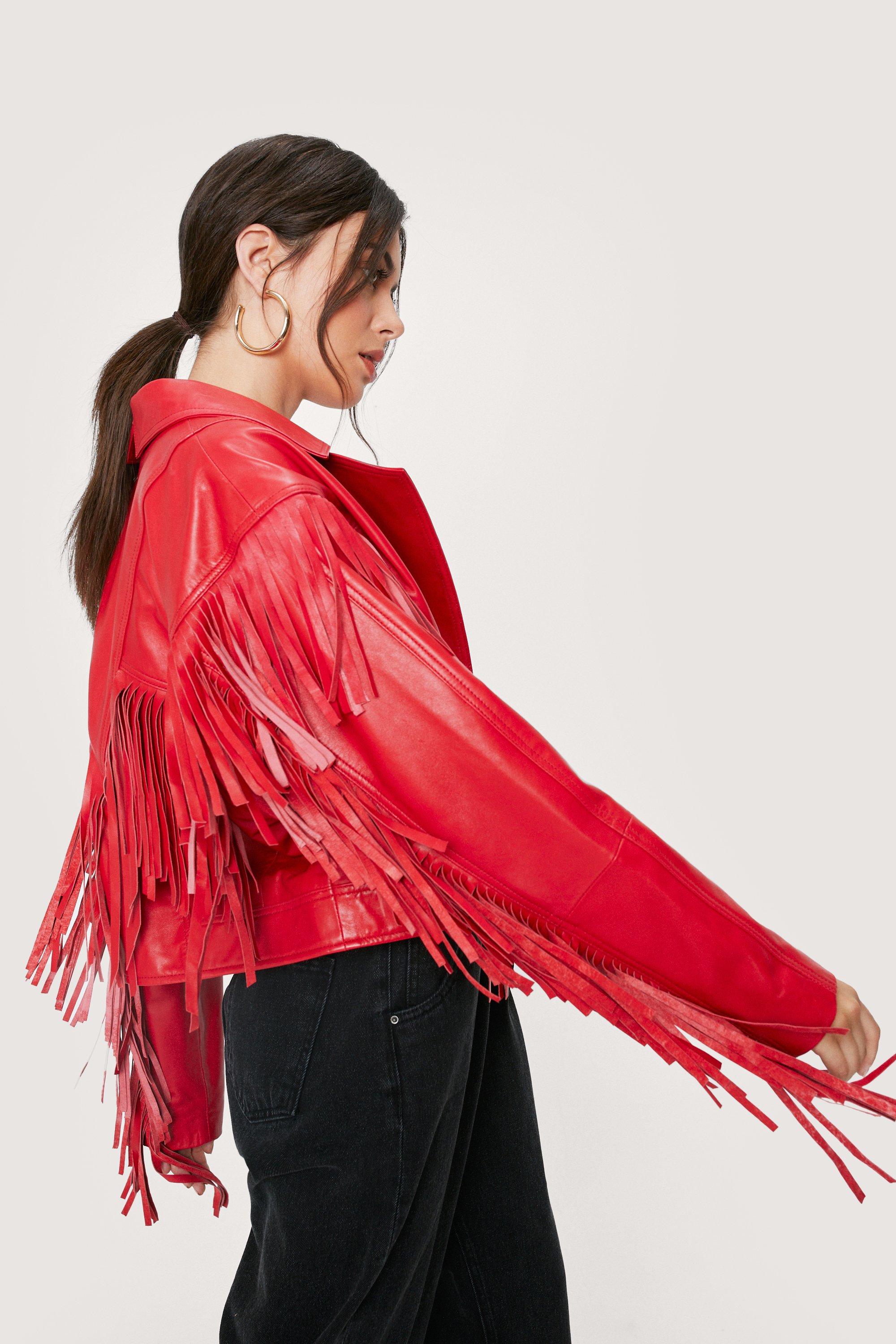 Red fringe deals leather jacket