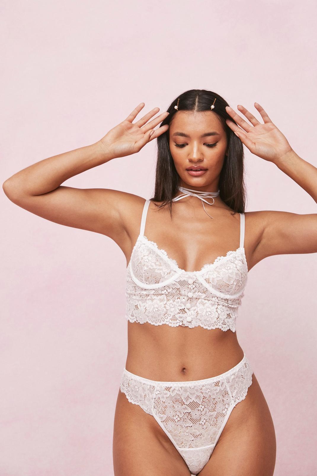 White Lace Underwire Button Detail Bralette and Knickers Lingerie Set image number 1