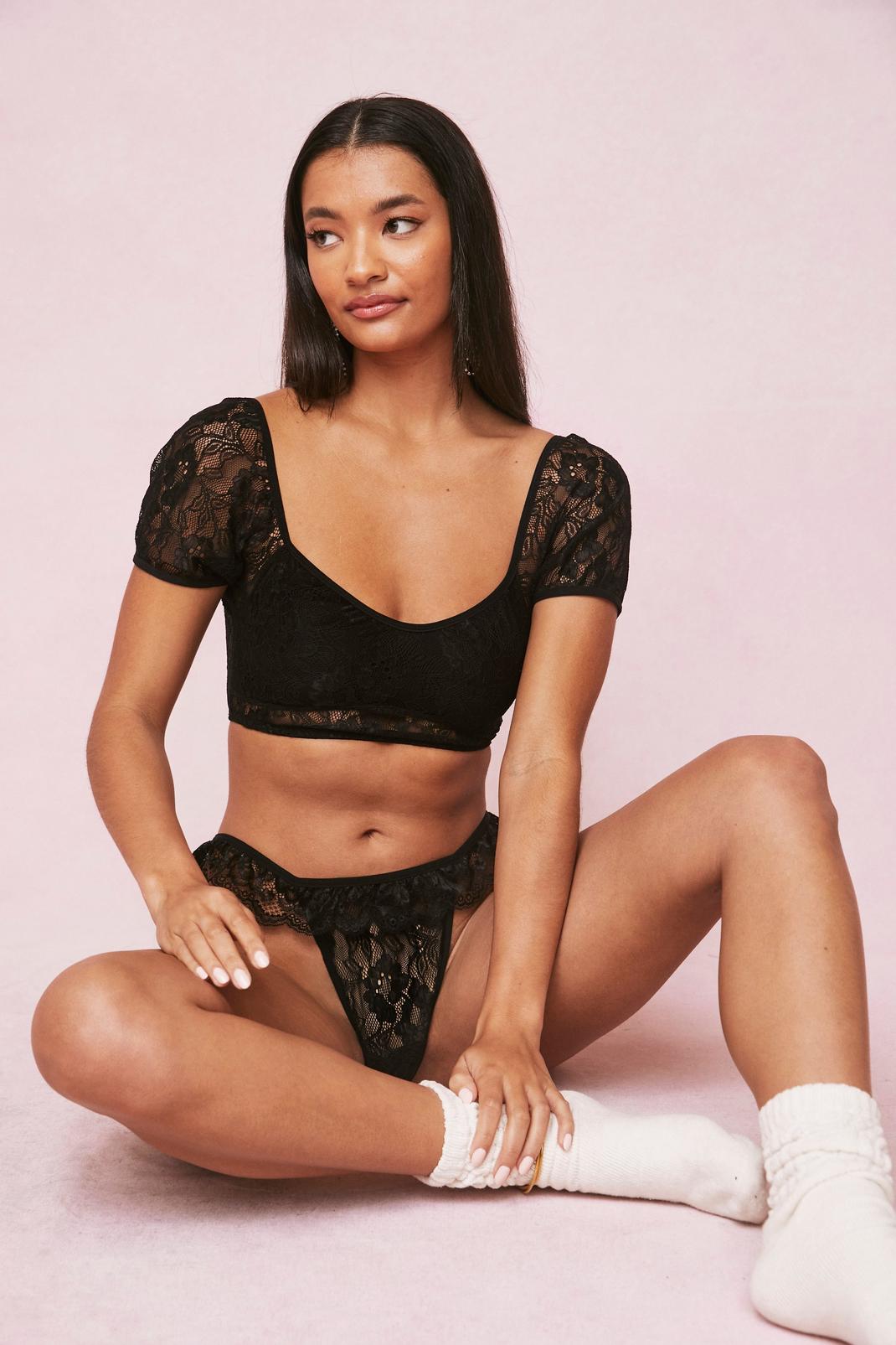 Black Lace Puff Sleeve Bralette and High Leg Knickers Set image number 1