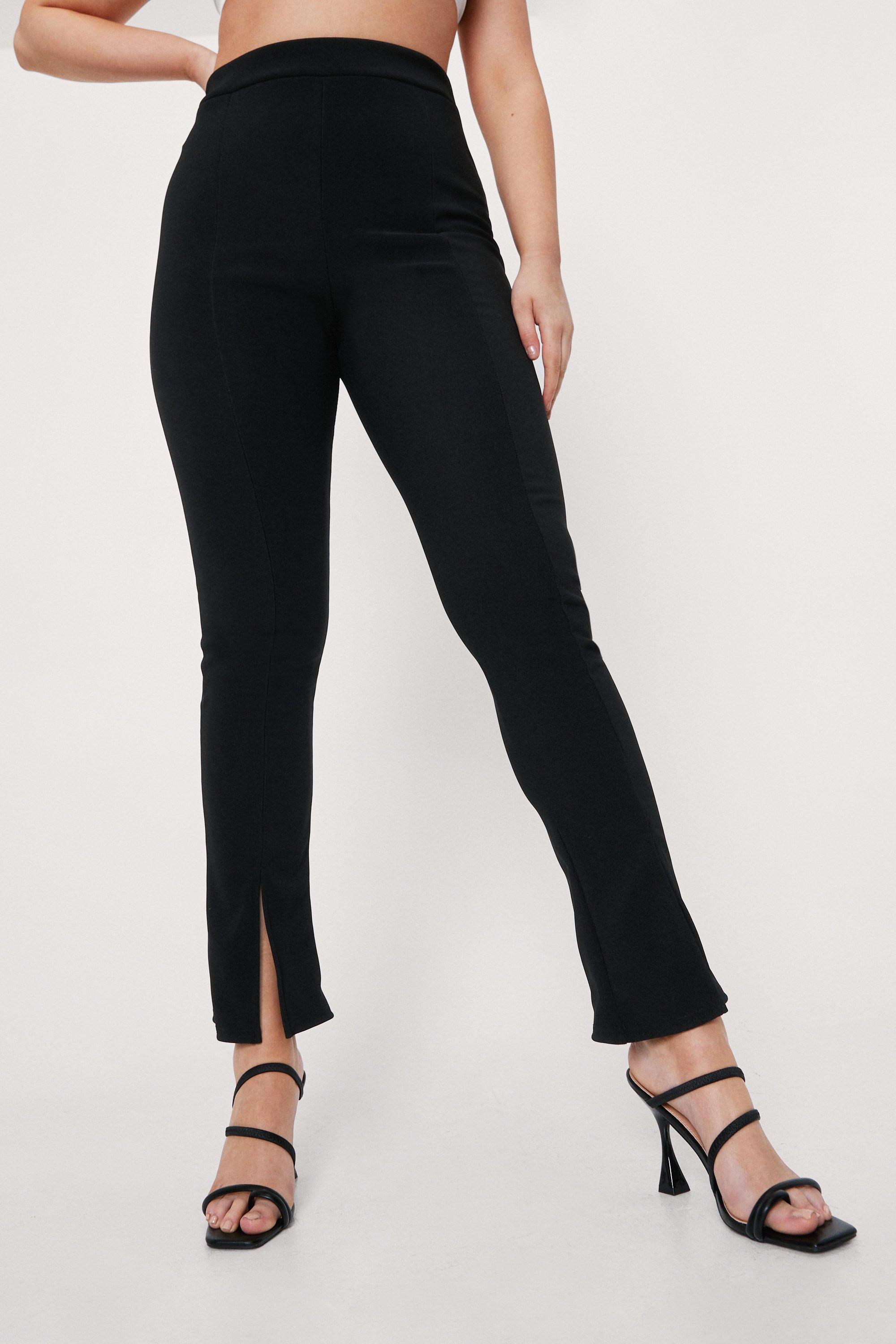 Plus Black High Waisted Rib Split Hem Pants