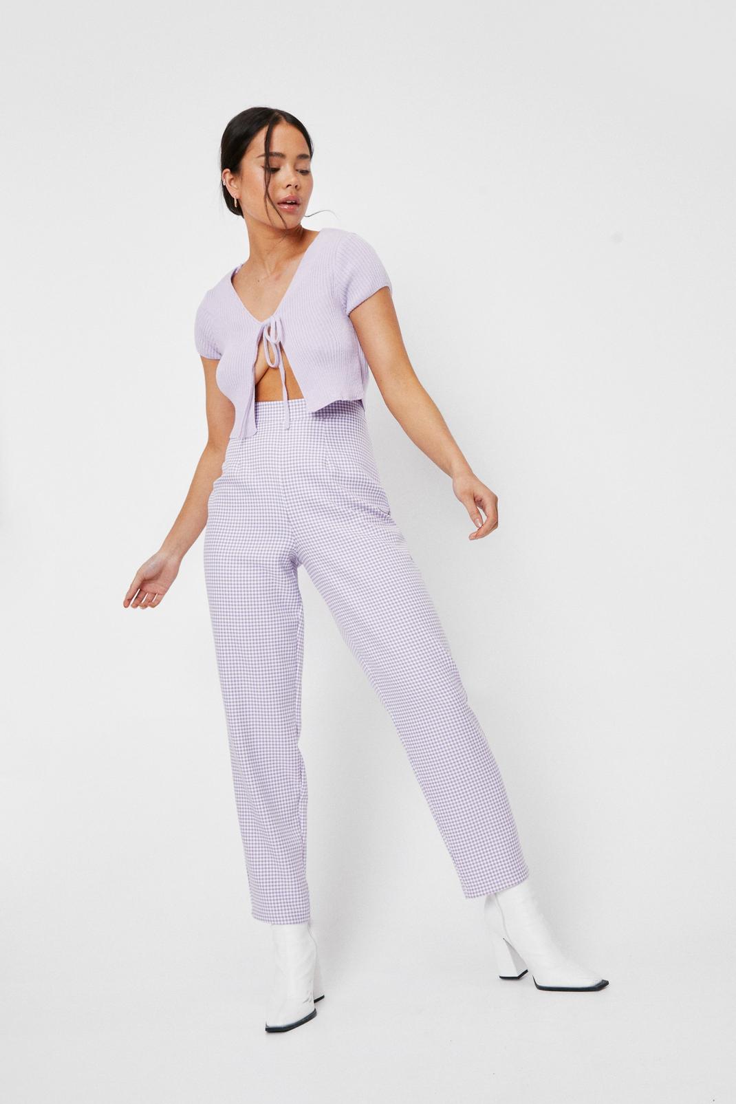Lilac Petite Gingham Print Tapered Trousers image number 1