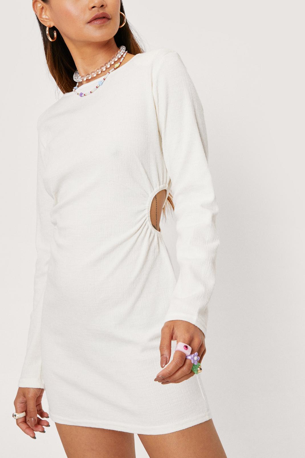 Cream Petite Textured Cut Out Shoulder Pad Mini Dress image number 1