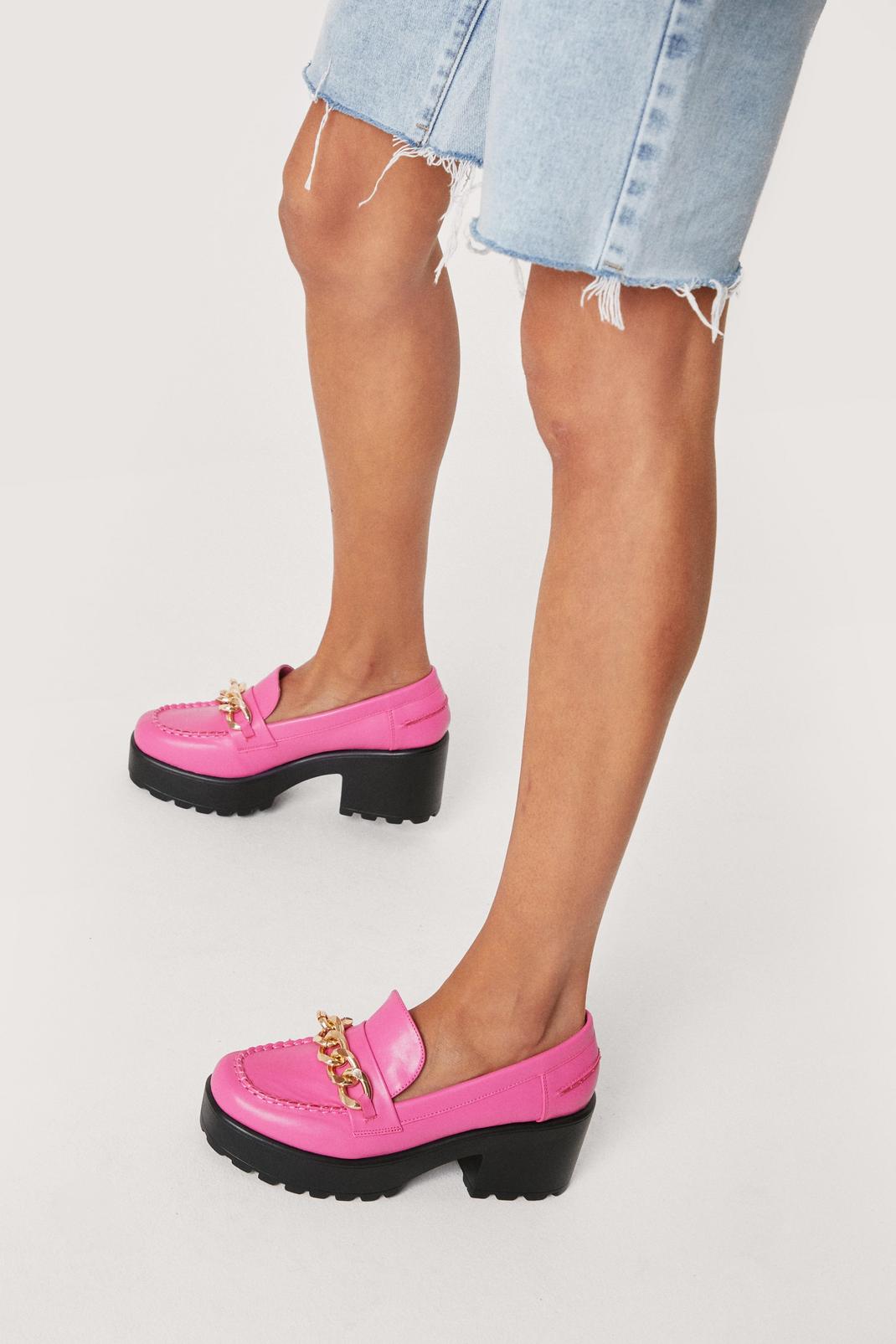 Fushia Faux Leather Thick Chain Chunky Loafers image number 1