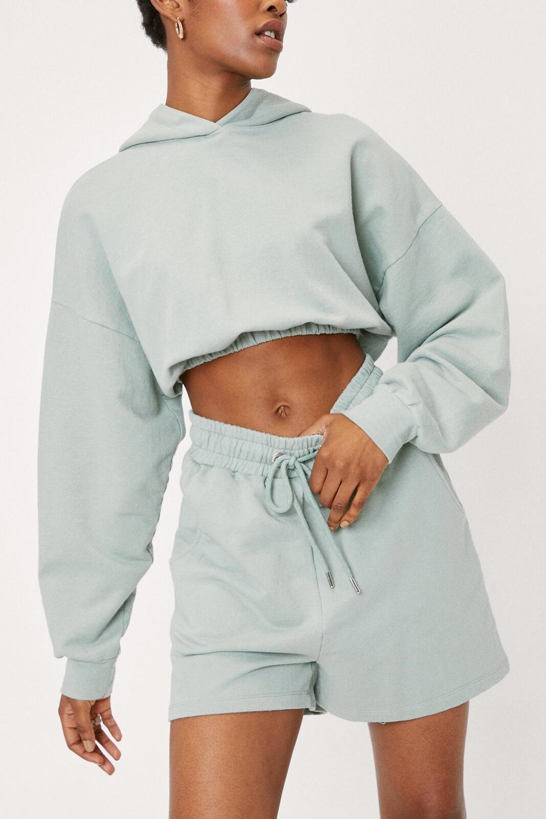 Sage Gathered Cropped Hoodie and Jogger Shorts Set image number 1