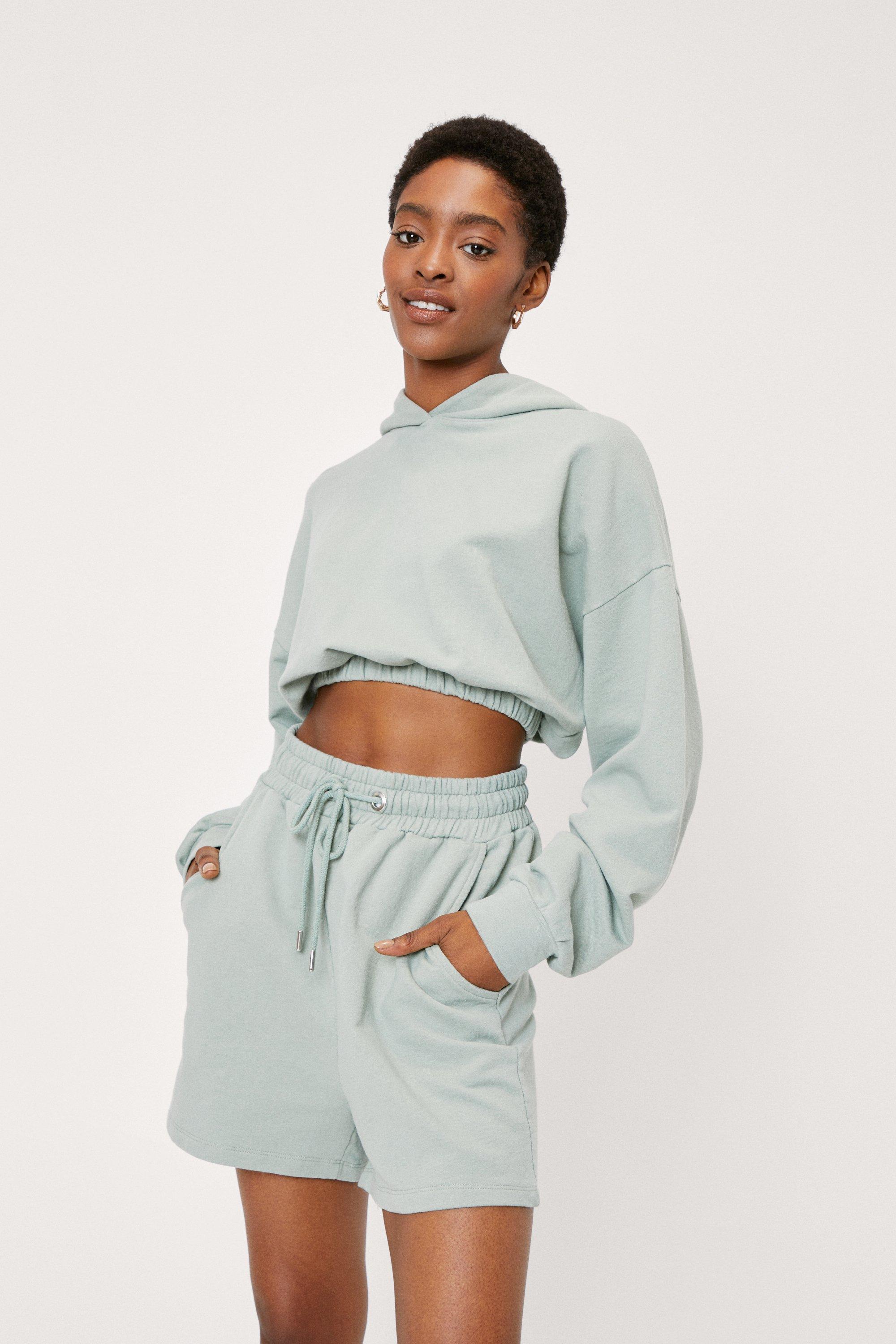 Gathered Cropped Hoodie and Jogger Shorts Set