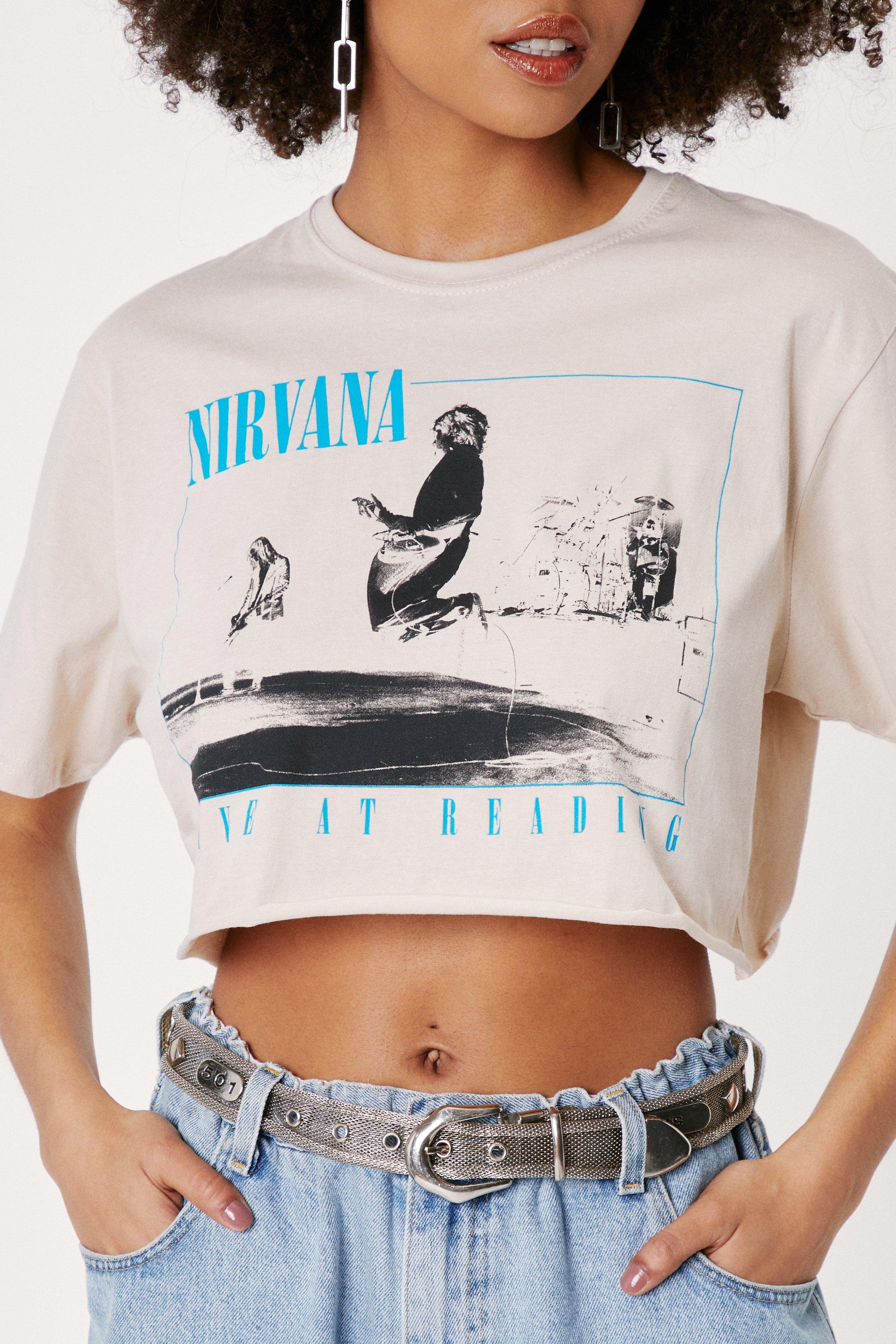 Forever21 Repurposed Nirvana Band Tee ($54) ❤ liked on Polyvore featuring  tops, t-shirts, black, cropped tees, crop t shirt, …